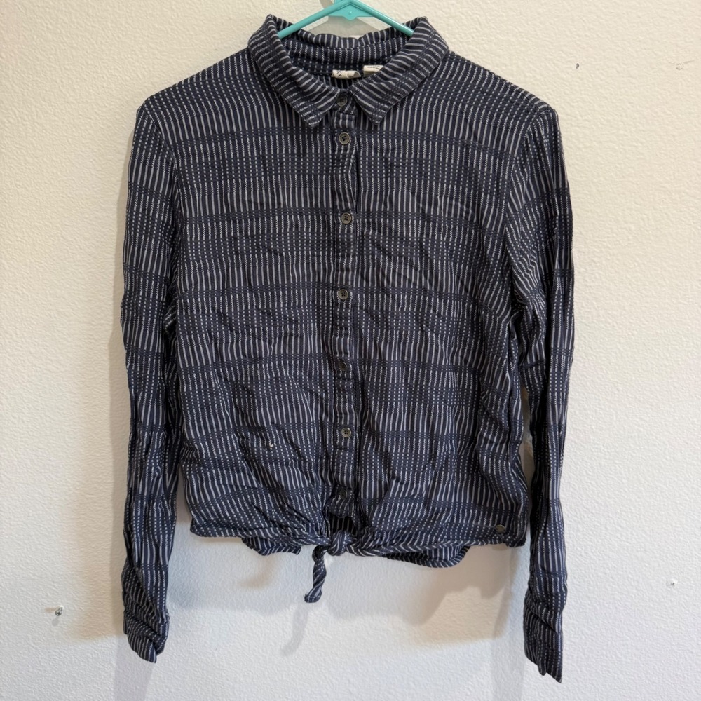 Roxy Women Navy Blue White Striped Long Sleeve Front Tie Button Down Shirt M